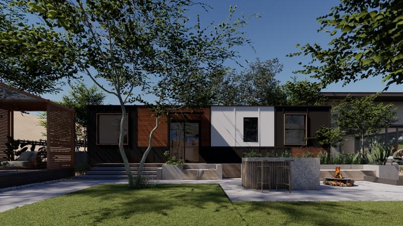 Clever 2 model ADU home in a backyard