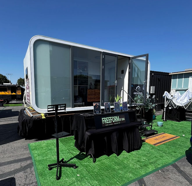 Compact modern tiny home on display