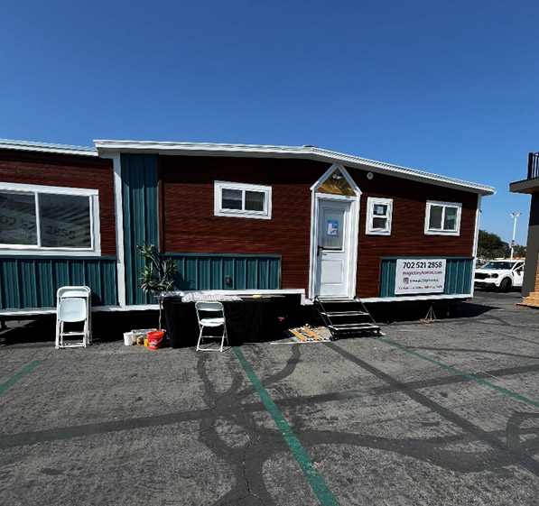Colorful tiny home with front steps
