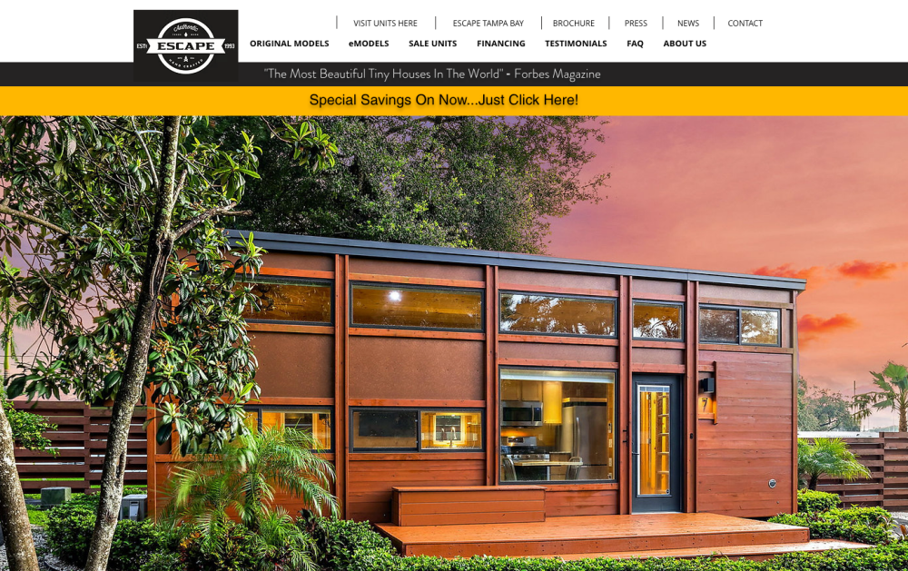 Escape Tiny Homes homepage screenshot