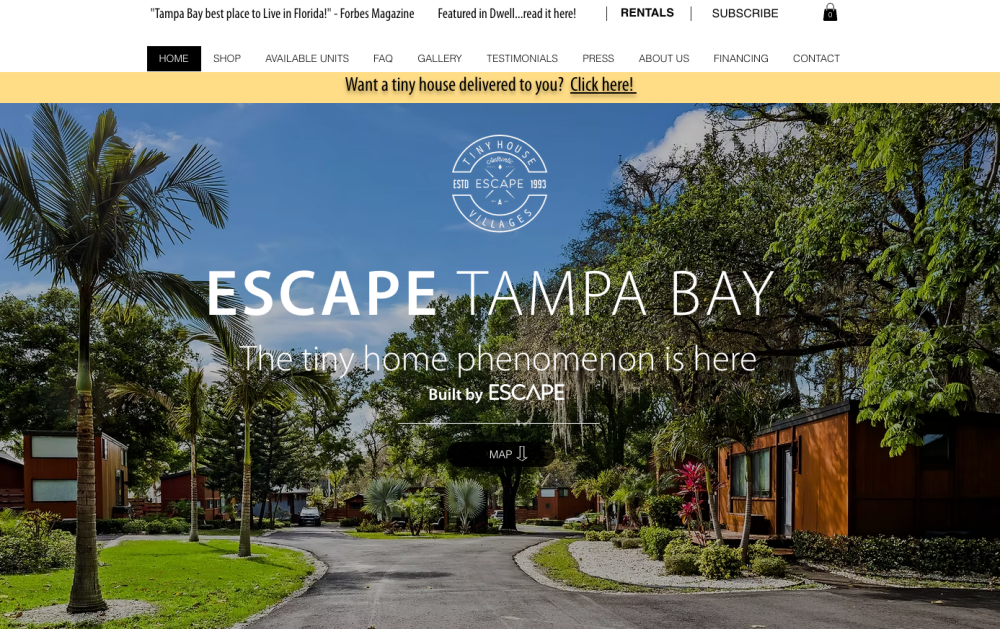 Escape Tampa Bay Tiny Home Community homepage screenshot