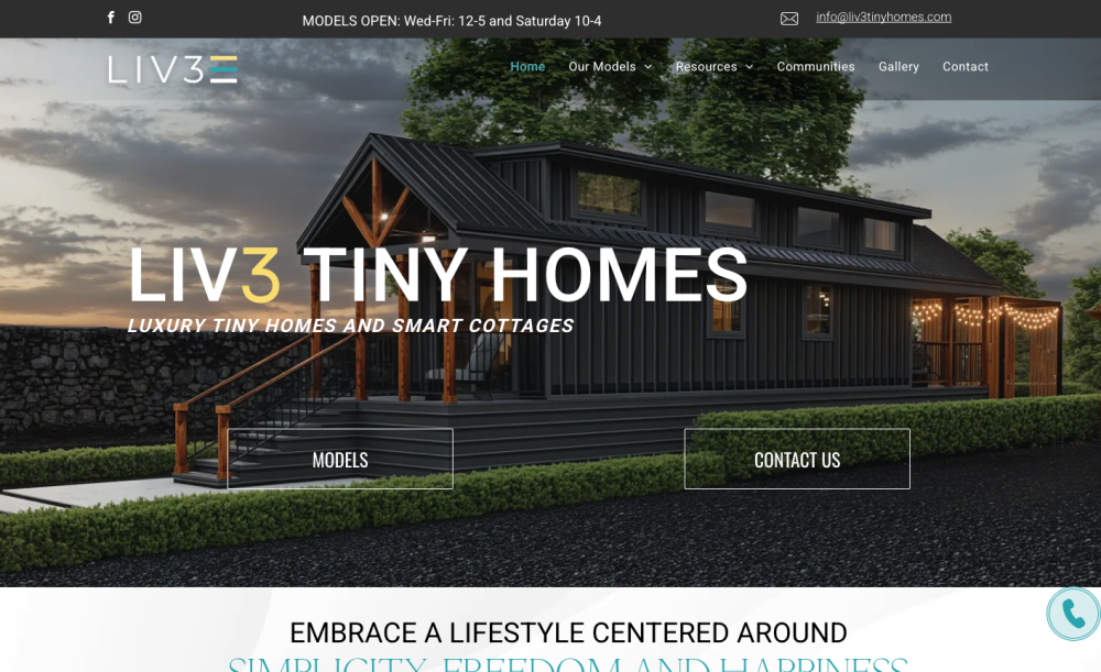 Liv3 Tiny Homes homepage screenshot