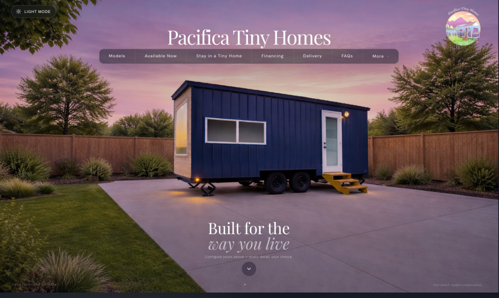 Pacifica Tiny Homes homepage screenshot